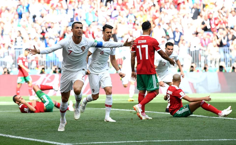رونالدو يحتفل بعد هدف الأول في مرمى المنتخب المغربي